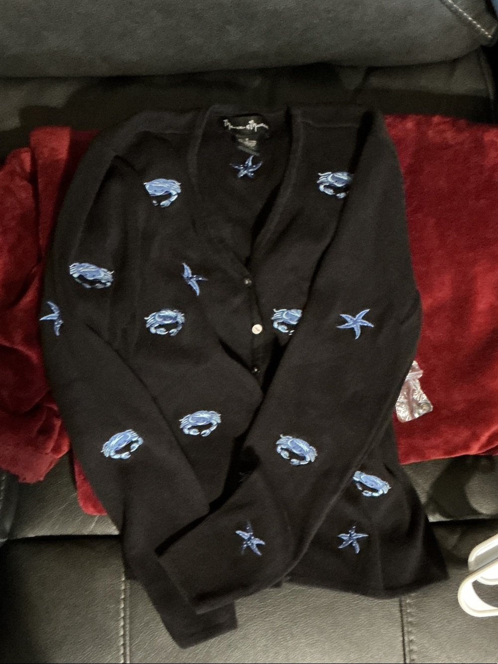 mercer & madison Black Cardigan with Blue Sea Life Embroidery